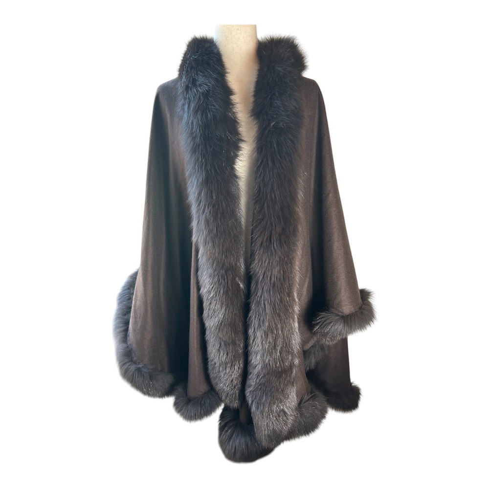 Fox Fur Trim Cape Women 100%Cashmere Wrap